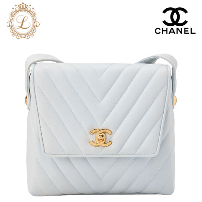 CHANEL Shoulder Bag V-Stitch Coco Mark Lambskin Light Blue Gold-Tone Hardware Pre-Owned - Vintage La Charme