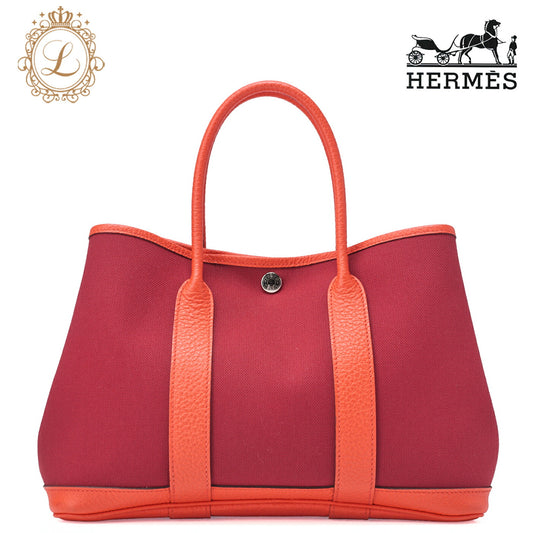 HERMES Garden Party TPM Tote Bag Toile Officer Rouge Grenat Silver-Tone Hardware Pre-Owned - Vintage La Charme