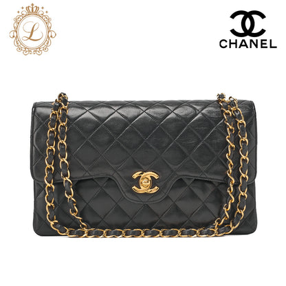 CHANEL Shoulder Bag, Matelasse Wave Flap Double Flap, Lambskin, Black, Gold-Tone Hardware, Pre-Owned - Vintage La Charme