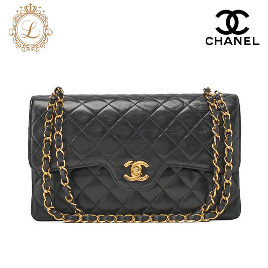 CHANEL Shoulder Bag, Matelasse Wave Flap Double Flap, Lambskin, Black, Gold-Tone Hardware, Pre-Owned - Vintage La Charme