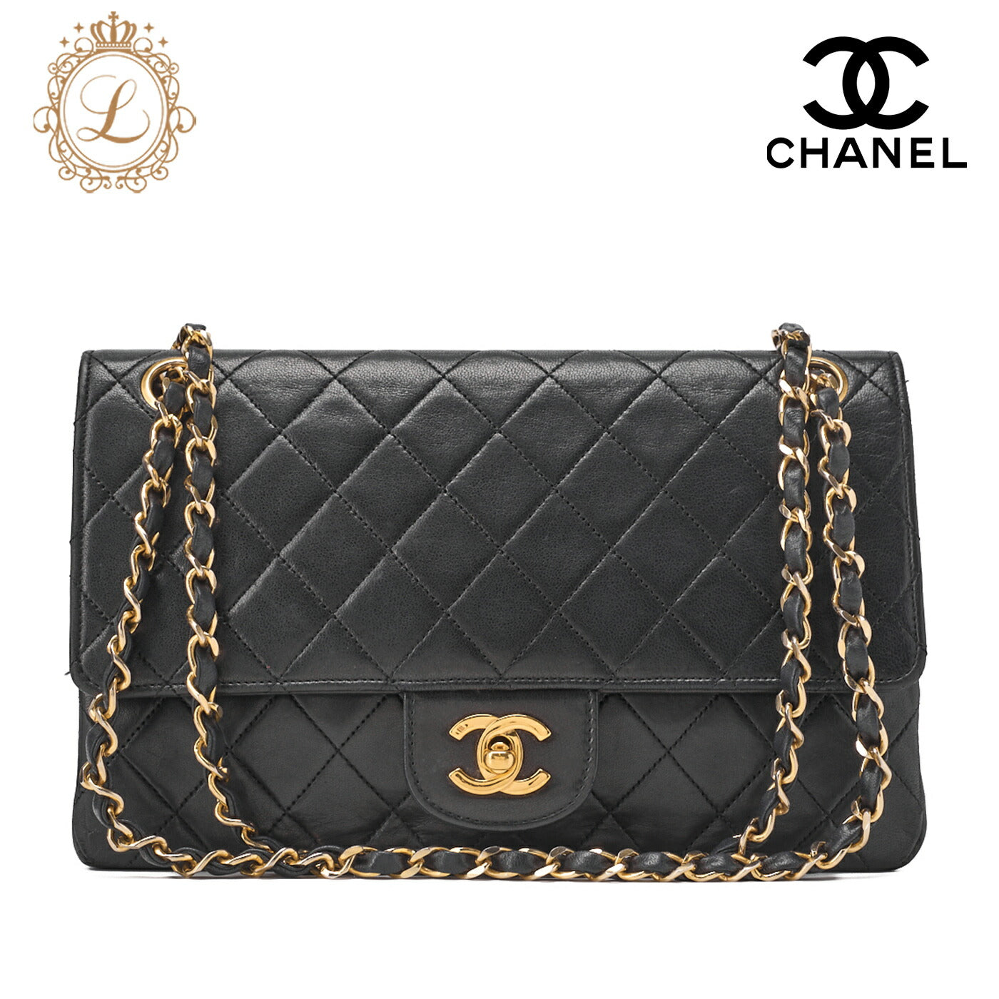 CHANEL Shoulder Bag, Chain Shoulder, Matelasse, Lambskin, Black, Gold-Tone Hardware, Pre-Owned - Vintage La Charme
