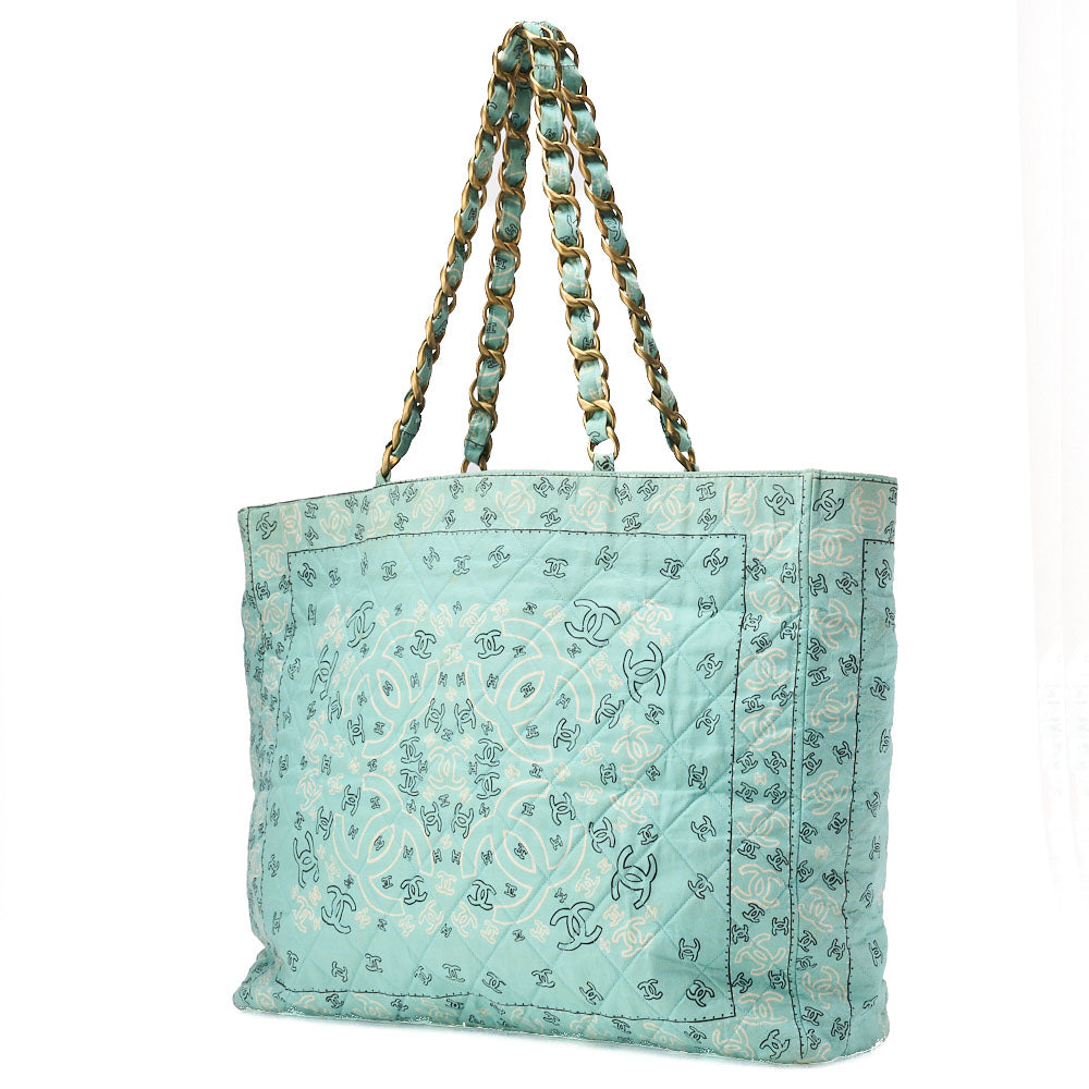 CHANEL Chain Tote Bag Coco Mark Bandana Pattern Canvas Green Silver-Tone Hardware Pre-Owned - Vintage La Charme