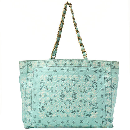 CHANEL Chain Tote Bag Coco Mark Bandana Pattern Canvas Green Silver-Tone Hardware Pre-Owned - Vintage La Charme