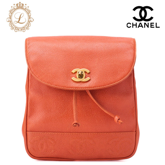 CHANEL Chain Backpack Bag Triple Coco Turn Lock Caviar Skin Orange Gold-Tone Hardware Pre-Owned - Vintage La Charme
