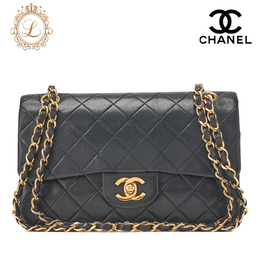 CHANEL Chain Shoulder Bag Matlasse Double Flap 23cm Lambskin Black Gold-Tone Hardware, Pre-Owned