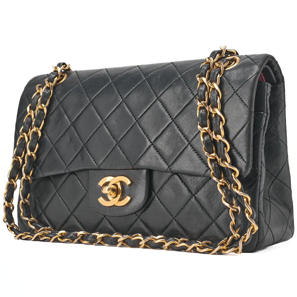 CHANEL Chain Shoulder Bag Matlasse Double Flap 23cm Lambskin Black Gold-Tone Hardware, Pre-Owned
