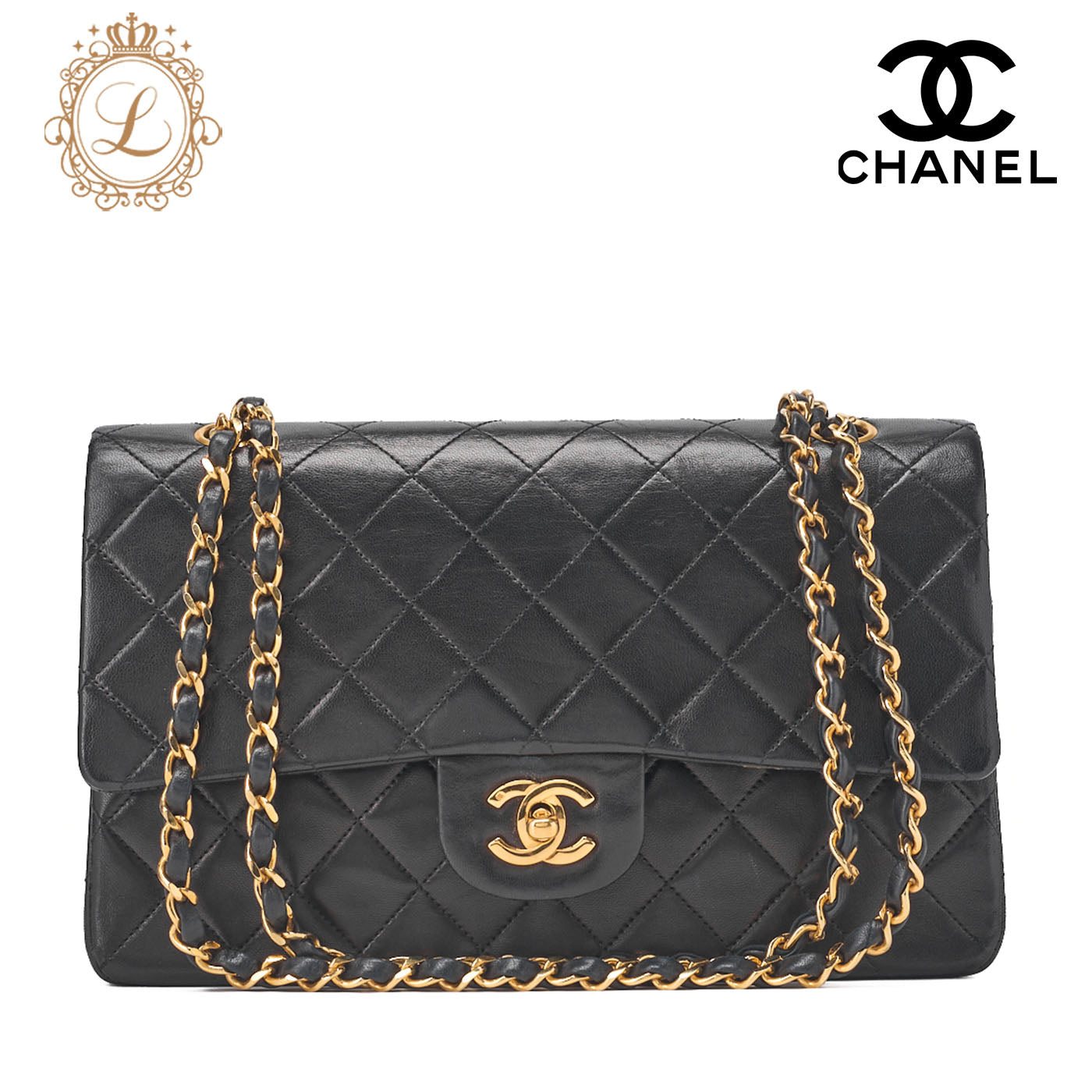 CHANEL Shoulder Bag Matlasse Double Flap 25cm Chain Shoulder Lambskin Black Gold-Tone Hardware, Pre-Owned