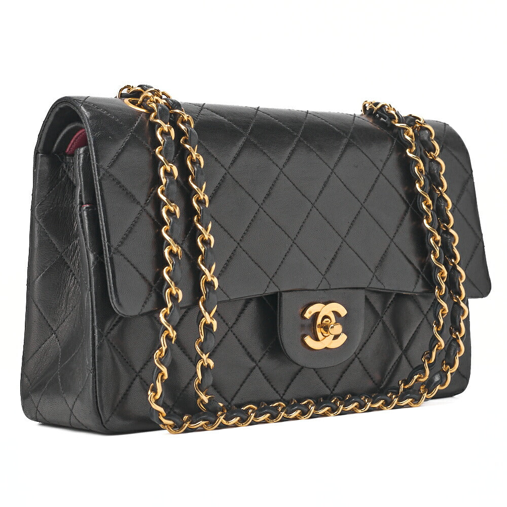 CHANEL Shoulder Bag Matlasse Double Flap 25cm Chain Shoulder Lambskin Black Gold-Tone Hardware, Pre-Owned