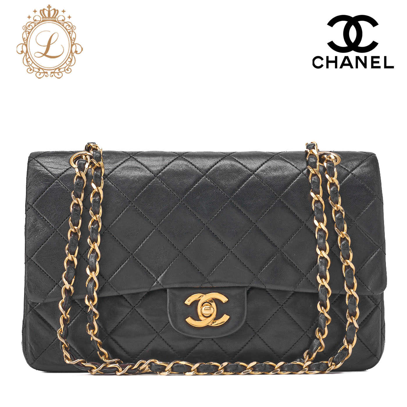 CHANEL Shoulder Bag Matlasse Double Flap 25cm Chain Shoulder Lambskin Black Gold Gold-Tone Hardware, Pre-Owned