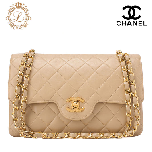 CHANEL Chain Shoulder Bag Matlasse Double Flap 23cm Lambskin Beige Gold-Tone Hardware, Pre-Owned