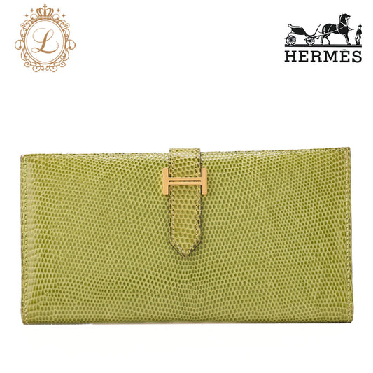 HERMES  Béance Souffle 2 Fold Long Wallet Lizard Anisegrin Anis green Gold-Tone Hardware, Pre-Owned