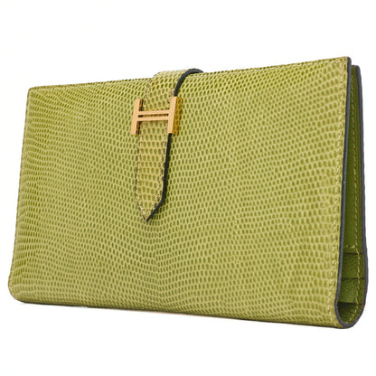 HERMES  Béance Souffle 2 Fold Long Wallet Lizard Anisegrin Anis green Gold-Tone Hardware, Pre-Owned