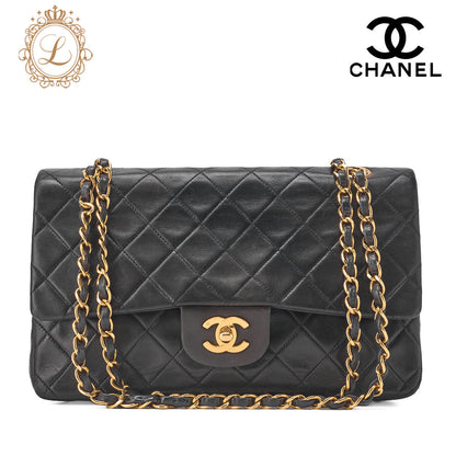 CHANEL Shoulder Bag Matlasse Double Flap 25cm Chain Shoulder Lambskin Black Gold-Tone Hardware, Pre-Owned