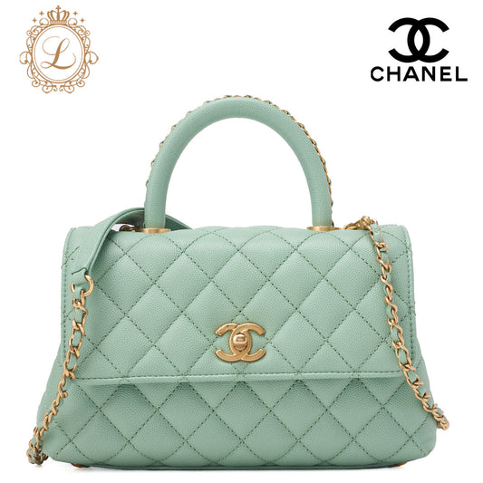 CHANEL Shoulder Bag Handbag Matlasse Coco Handle 2WAY Caviar Skin Green Gold-Tone Hardware, Pre-Owned