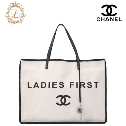 CHANEL  Tote Bag Coco Mark Canvas with Whistle Charm White × Black Silver-Tone Hardware, Pre-Owned