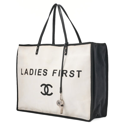 CHANEL  Tote Bag Coco Mark Canvas with Whistle Charm White × Black Silver-Tone Hardware, Pre-Owned