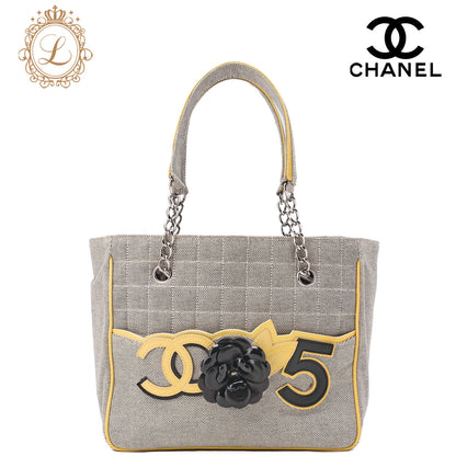CHANEL Tote Bag Choco Bar Camellia Canvas Gray × Yellow Silver-Tone Hardware, Pre-Owned