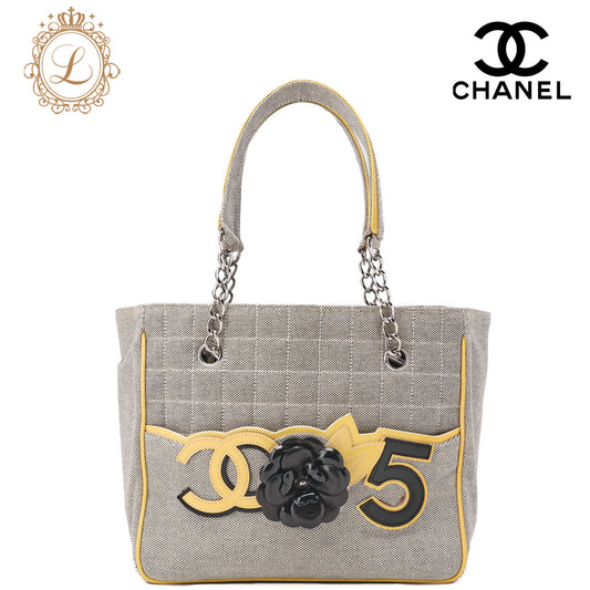 CHANEL Tote Bag Choco Bar Camellia Canvas Gray × Yellow Silver-Tone Hardware, Pre-Owned