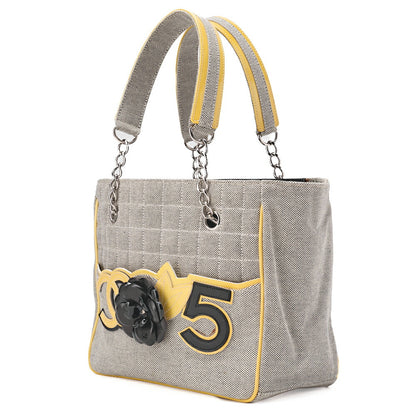 CHANEL Tote Bag Choco Bar Camellia Canvas Gray × Yellow Silver-Tone Hardware, Pre-Owned