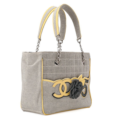 CHANEL Tote Bag Choco Bar Camellia Canvas Gray × Yellow Silver-Tone Hardware, Pre-Owned