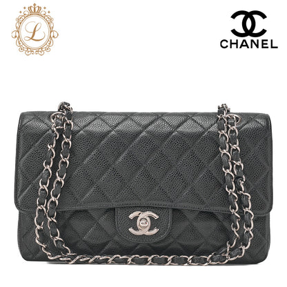 CHANEL Matlasse Double Flap 25cm Chain Shoulder Caviar Skin Black Silver-Tone Hardware, Pre-Owned