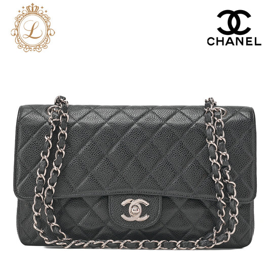 CHANEL Matlasse Double Flap 25cm Chain Shoulder Caviar Skin Black Silver-Tone Hardware, Pre-Owned