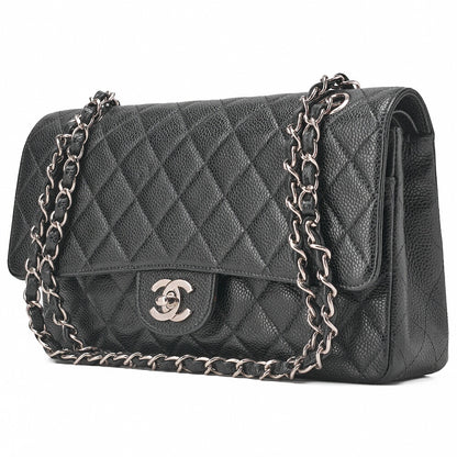 CHANEL Matlasse Double Flap 25cm Chain Shoulder Caviar Skin Black Silver-Tone Hardware, Pre-Owned