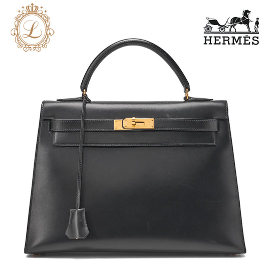HERMES Kelly 32 Handbag Box Calf Black Black Exterior Stitching Gold-Tone Hardware, Pre-Owned