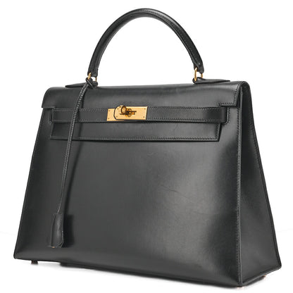HERMES Kelly 32 Handbag Box Calf Black Black Exterior Stitching Gold-Tone Hardware, Pre-Owned