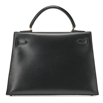 HERMES Kelly 32 Handbag Box Calf Black Black Exterior Stitching Gold-Tone Hardware, Pre-Owned