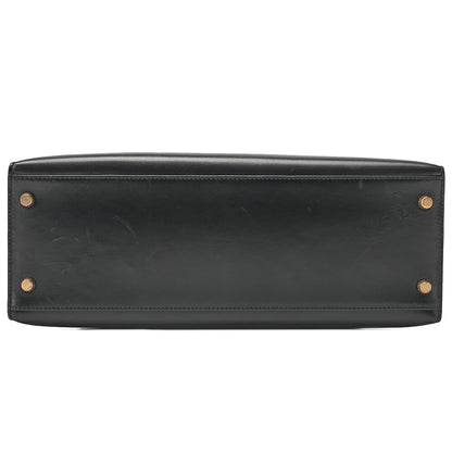 HERMES Kelly 32 Handbag Box Calf Black Black Exterior Stitching Gold-Tone Hardware, Pre-Owned