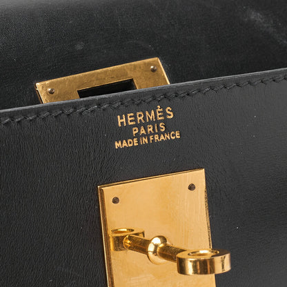 HERMES Kelly 32 Handbag Box Calf Black Black Exterior Stitching Gold-Tone Hardware, Pre-Owned