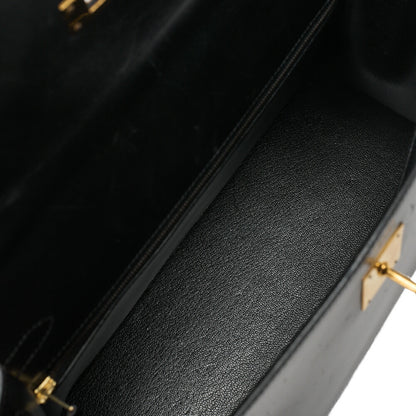 HERMES Kelly 32 Handbag Box Calf Black Black Exterior Stitching Gold-Tone Hardware, Pre-Owned