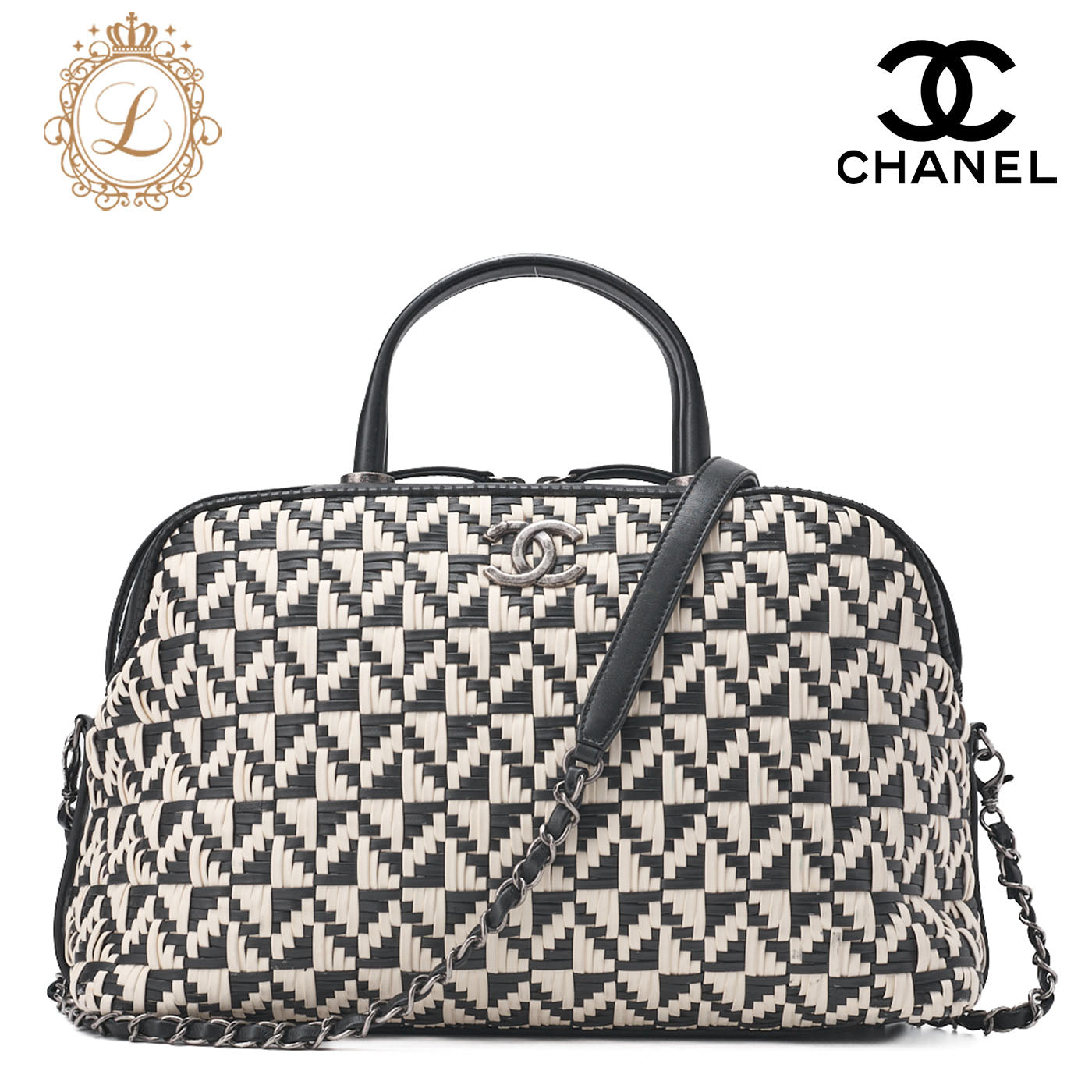 CHANEL Handbag Boston Bag Calfskin Matelasse Braided 2-Way White & Black Silver-Tone Hardware, Pre-Owned
