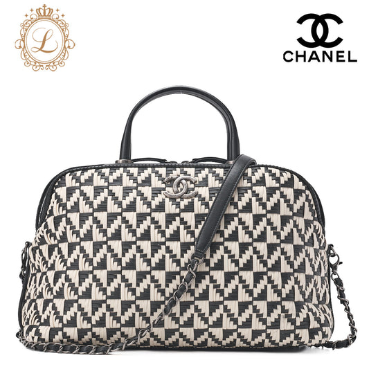 CHANEL Handbag Boston Bag Calfskin Matelasse Braided 2-Way White & Black Silver-Tone Hardware, Pre-Owned