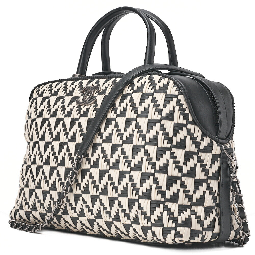 CHANEL Handbag Boston Bag Calfskin Matelasse Braided 2-Way White & Black Silver-Tone Hardware, Pre-Owned