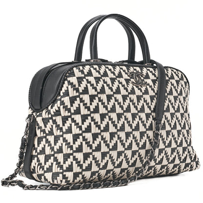 CHANEL Handbag Boston Bag Calfskin Matelasse Braided 2-Way White & Black Silver-Tone Hardware, Pre-Owned