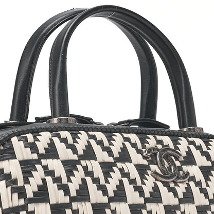 CHANEL Handbag Boston Bag Calfskin Matelasse Braided 2-Way White & Black Silver-Tone Hardware, Pre-Owned