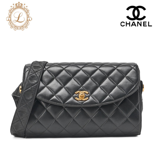 CHANEL One Shoulder Bag Coco Mark Round Flap Lambskin Black Gold-Tone Hardware, Pre-Owned]