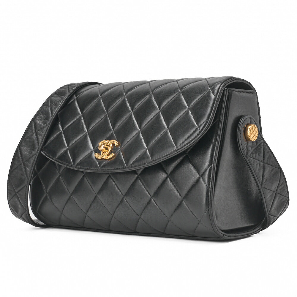 CHANEL One Shoulder Bag Coco Mark Round Flap Lambskin Black Gold-Tone Hardware, Pre-Owned]
