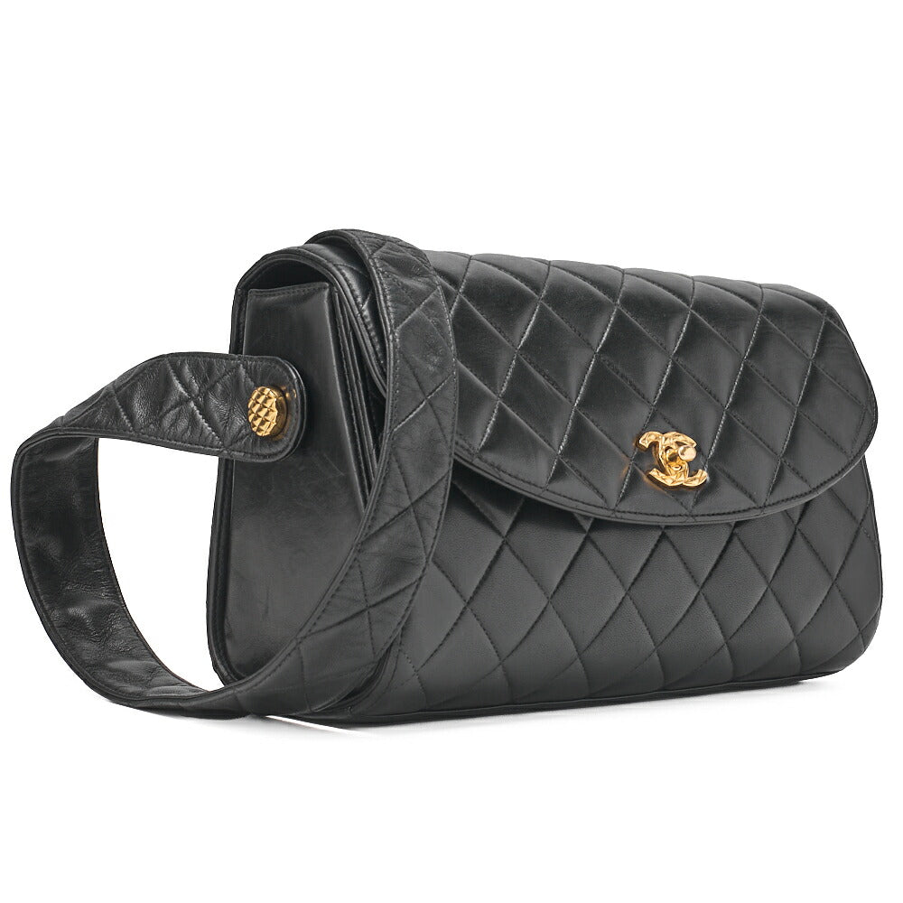 CHANEL One Shoulder Bag Coco Mark Round Flap Lambskin Black Gold-Tone Hardware, Pre-Owned]
