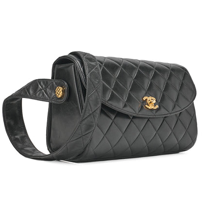 CHANEL One Shoulder Bag Coco Mark Round Flap Lambskin Black Gold-Tone Hardware, Pre-Owned]