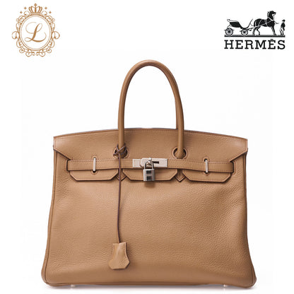 HERMES Birkin 35 Handbag Triyon Camel Silver-Tone Hardware, Pre-Owned