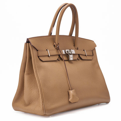 HERMES Birkin 35 Handbag Triyon Camel Silver-Tone Hardware, Pre-Owned
