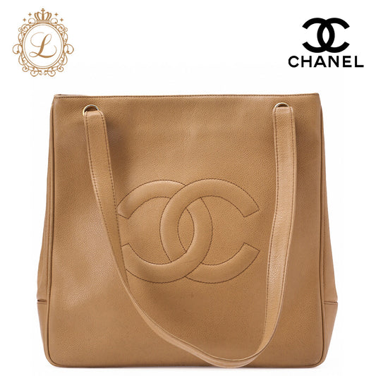 CHANEL Big Coco Mark Tote Bag Caviar Skin Beige Gold-Tone Hardware, Pre-Owned