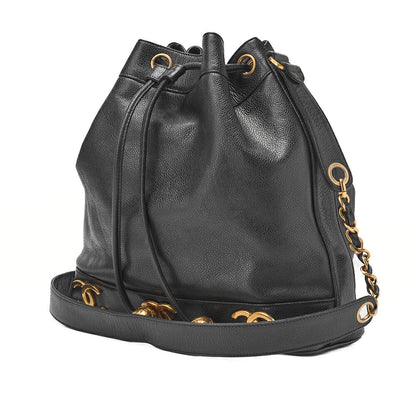 CHANEL Chain Shoulder Bag Caviar Skin Triple Coco Drawstring Purse Ball Charm Black Gold-Tone Hardware, Pre-Owned