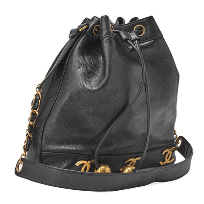 CHANEL Chain Shoulder Bag Caviar Skin Triple Coco Drawstring Purse Ball Charm Black Gold-Tone Hardware, Pre-Owned