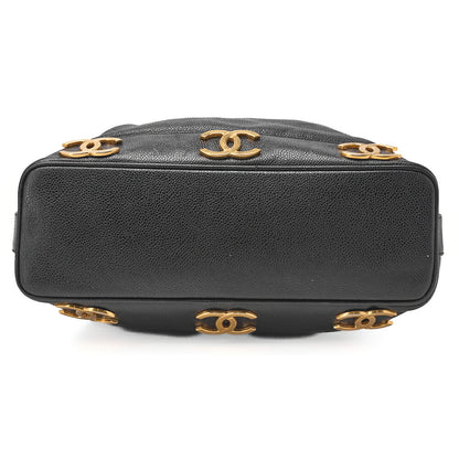 CHANEL Chain Shoulder Bag Caviar Skin Triple Coco Drawstring Purse Ball Charm Black Gold-Tone Hardware, Pre-Owned