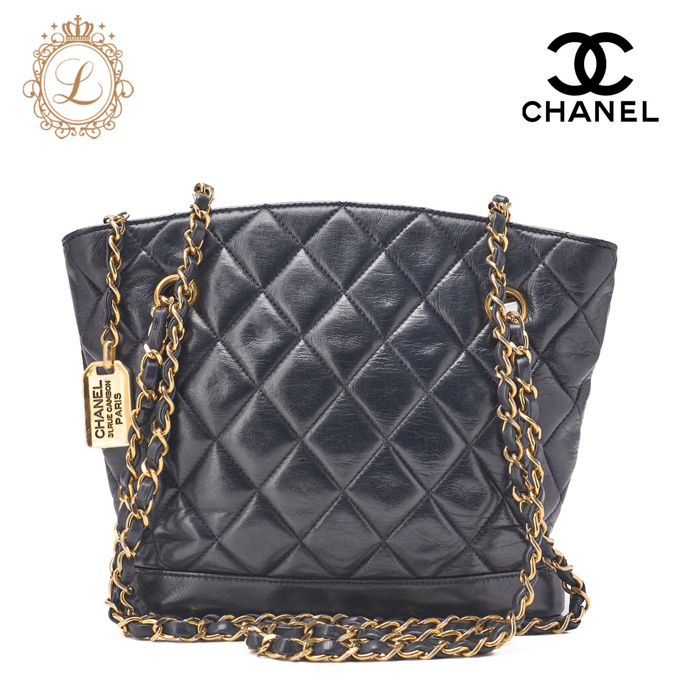CHANEL Shoulder Bag Matelasse Plate Charm Fan Shaped Chain Shoulder Lambskin Navy Gold-Tone Hardware, Pre-Owned