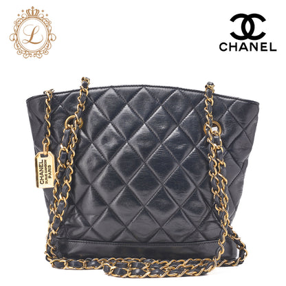 CHANEL Shoulder Bag Matelasse Plate Charm Fan Shaped Chain Shoulder Lambskin Navy Gold-Tone Hardware, Pre-Owned